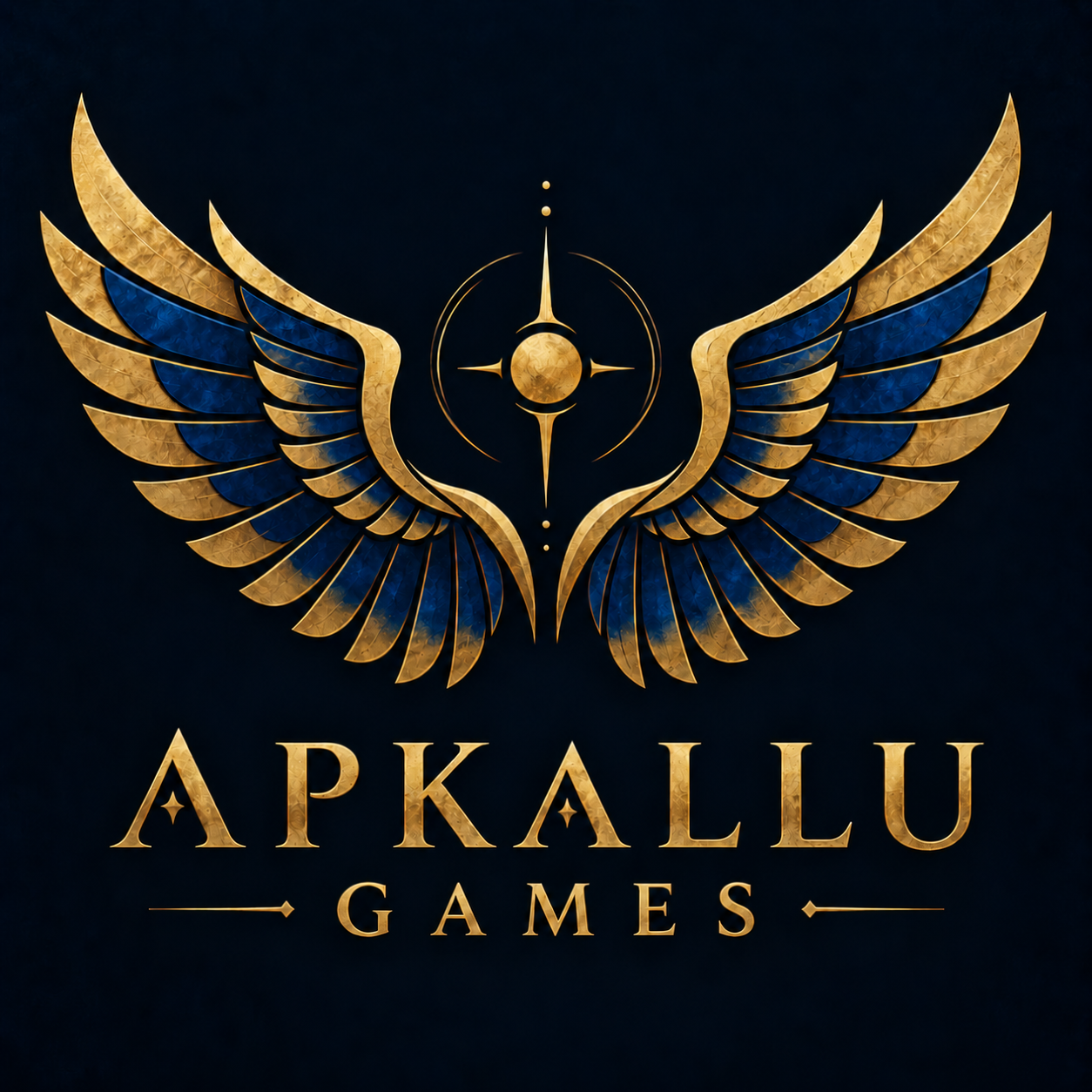 APKALLU Games — golden wings with deep blue feathers and a celestial emblem